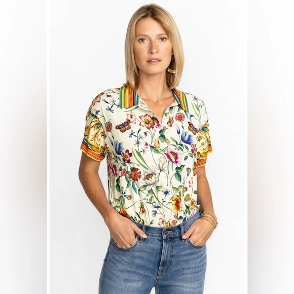 Johnny Was Tops - Johnny Was Felix Short Sleeve Floral Polo Pale Yellow Multi Small Bamboo Viscose